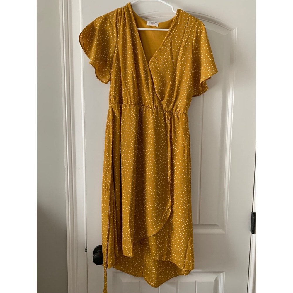 Sienna Sky mustard polka dot midi dress